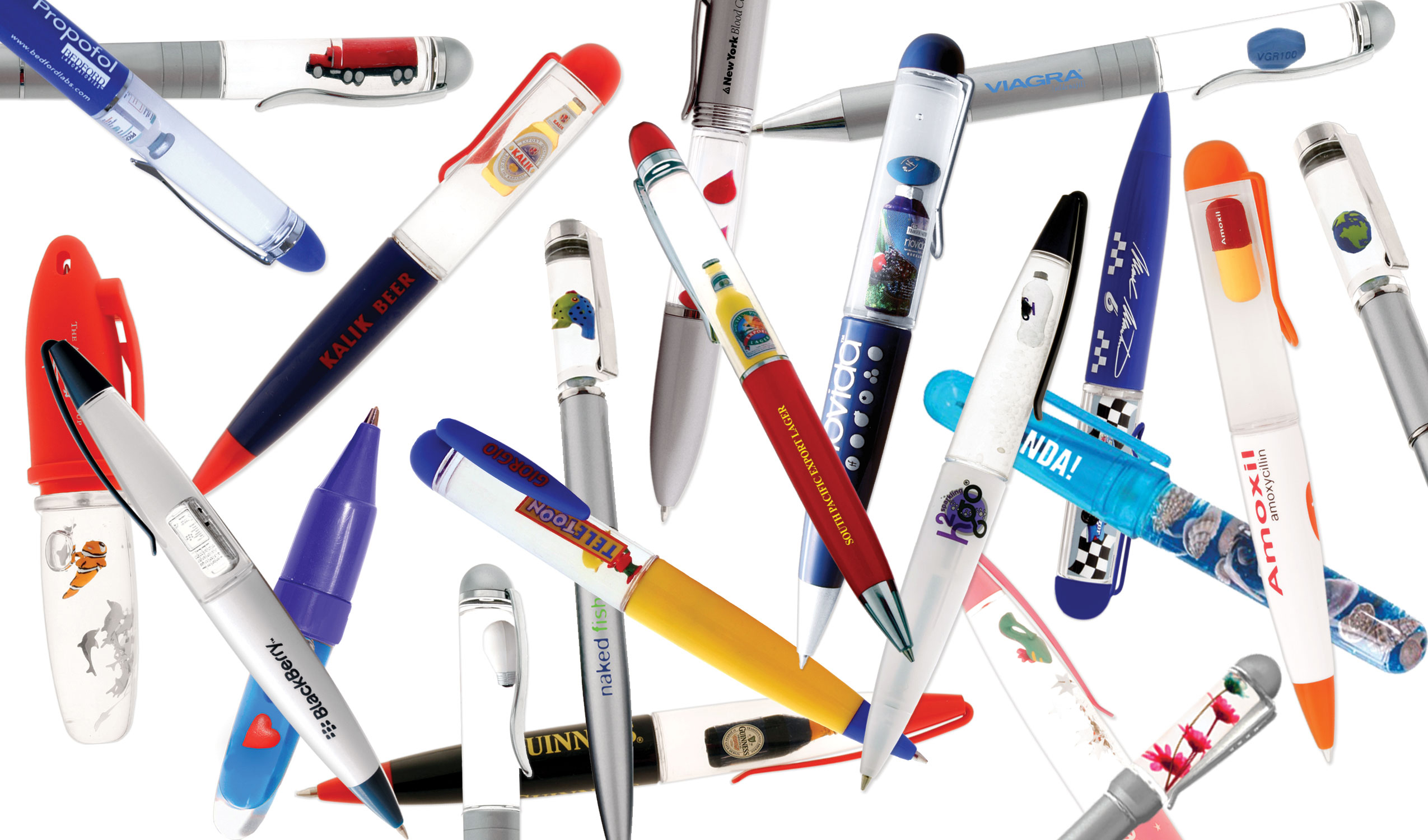 A mix of pens displaying various brands and logos